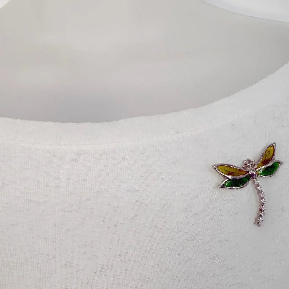 Silver Tone Dragonfly Brooch Green Yellow Enamel Wings Clear Rhinestone 103-235
